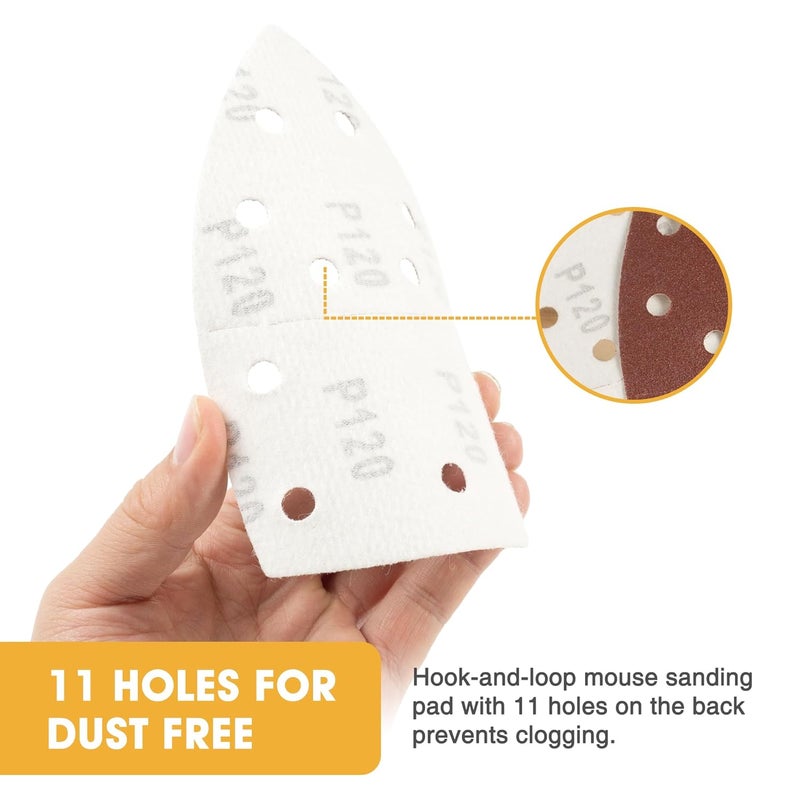 Shawya 50 PCS Mouse Sander Sandpaper for Mouse Sander 11 Hole Detail Sandpaper Sanding Paper 120 Grit Hook and Loop Sander Pads Triangular Sanding Sheets Abrasive Sanding Paper - Image 5